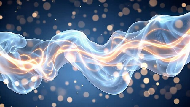 Light streaks and golden bokeh flow across a dark background in a dynamic, airy wave of mesh-like lines and floating circles, suggesting motion, magic and futuristic technology