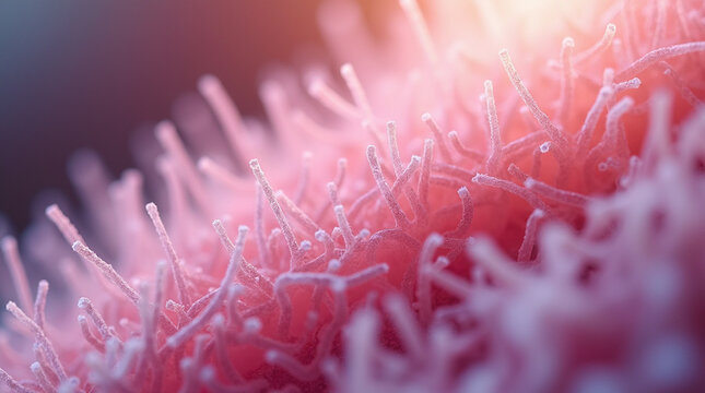Microphotography close-up of cilia on epithelial tissue, rhythmically moving in fluid, organic texture and soft lighting
