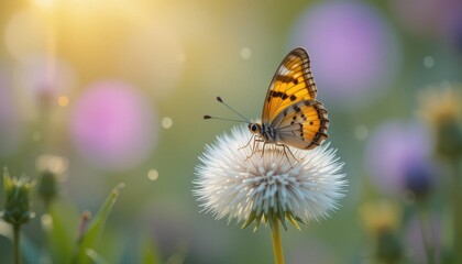 Obraz premium Butterfly perched on dandelion lush garden nature photography serene atmosphere macro viewpoint beauty of nature
