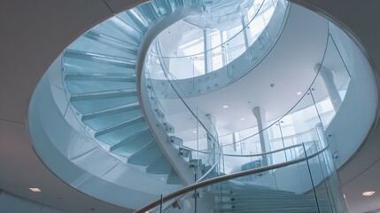 Fototapeta premium Modern spiral staircase with glass railing viewed from below in bright light.