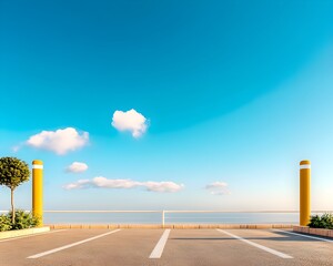 Empty seaside parking lot with clear blue sky, white clouds, and yellow bollards