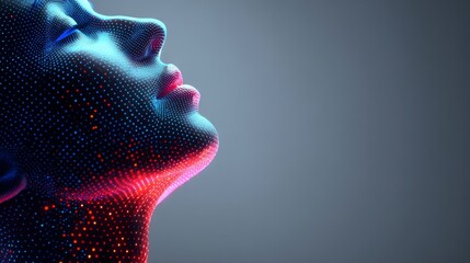 A futuristic and avant-garde visual is created by depicting a female face in radiant blue and pink colors, interspersed with dot patterns, to explore the dynamic between individuality and technology