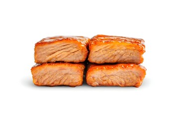 Four succulent, glazed meat cubes stacked, showcasing a rich, caramelized exterior and tender interior