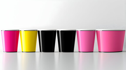 Colorful cups on white background, studio shot; ideal for branding or packaging design