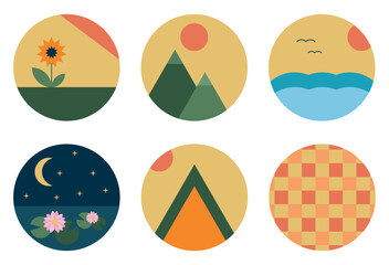 Set of round abstract backgrounds, icons of summer, mountain, sea, travel, camping, nature and sun. Suitable for apps, stickers, branding, websites and design Vector illustration