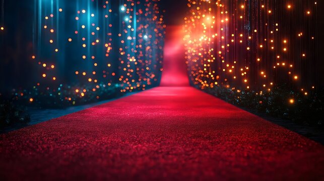 A luxurious red carpet pathway illuminated by warm, twinkling lights, ready for a grand event.
