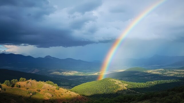 Majestic rainbow over mountain range after storm
