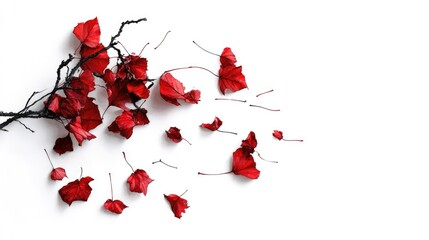 Watercolor autumn scene with red leaves drifting, minimal white background banner