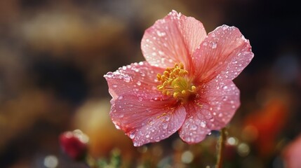 Dew-kissed pink flower in soft focus