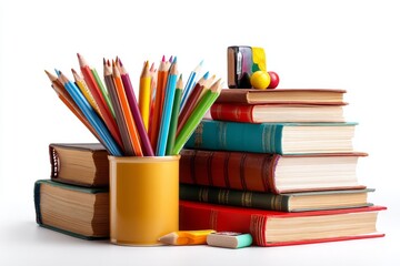 Fototapeta premium Colorful school supplies are depicted in solitude against a stark white background