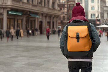 Person with orange backpack standing in city street, amidst blurred crowds.  Back view