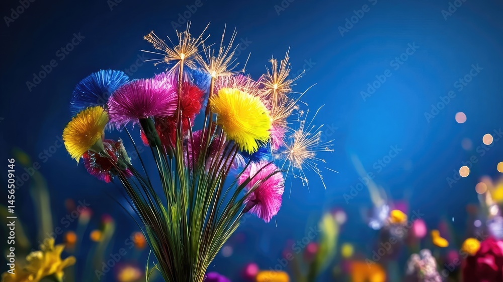 Poster vivid firework bloom in the air, sparkling in layers on a rich blue background