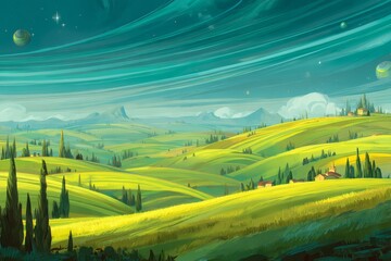 Fototapeta premium Enigmatic horizons merge with lush greenery to craft surreal landscapes that boast dreamlike patterns, all while nature's beauty unfurls across immersive fields and evokes a sense of ethereal wonder