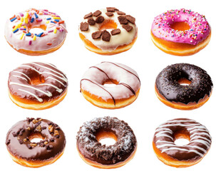 Colorful assortment of delicious donuts for dessert lovers, cut out