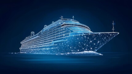 A digital yacht is set ablaze with light in a futuristic 3D illustration, with the dark background emphasizing the role of technology in the ocean