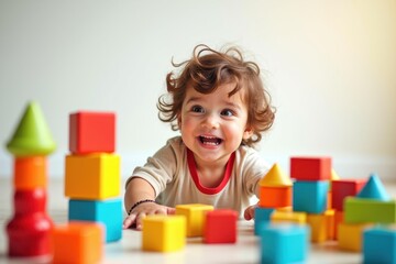 Creative Childhood Joy. Happy curly toddler boy playing colorful woode