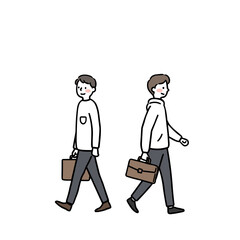 Two men walking side by side, one carrying a briefcase and the other with a backpack