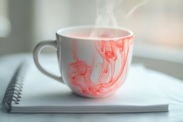 A cup of tea with swirling pink patterns.