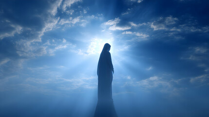 Silhouette of a Figure in Celestial Light Rays A Spiritual Image of Serenity and Hope