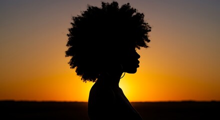 Silhouette of elegant African American woman with afro hairstyle against golden sunset sky