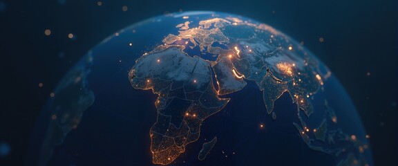 Obraz premium Close view of planet Earth at night with bright city lights showing Europe, Africa, and Asia, Global Network.