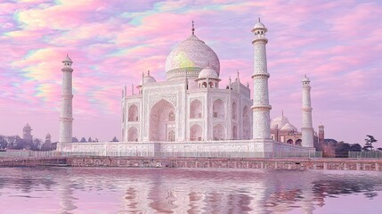 Naklejka premium Psychedelic and surreal art illustration come together in an abstract background art piece, featuring the Taj Mahal in vibrant acrylic colors