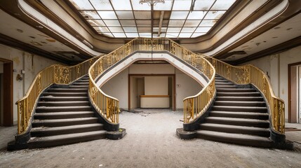 Fototapeta premium Interior view of a grand staircase with skylight in an abandoned building.