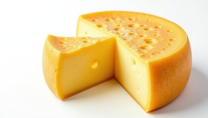 Artisan cheese wheel, aged texture, white backdrop, block, milk