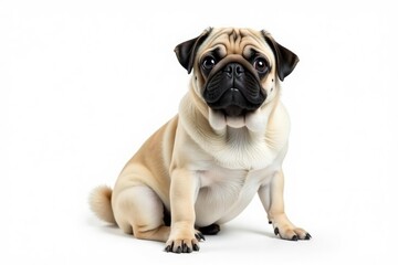 Obraz premium Adorable pug dog sitting, isolated on white background, canine, cheerful
