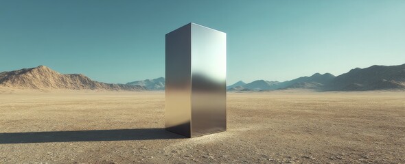 A massive mirror situated in a sand desert amidst photorealistic scenes of orientalist landscapes and geometric surrealism forms an abstract surreal concept in 3D illustration