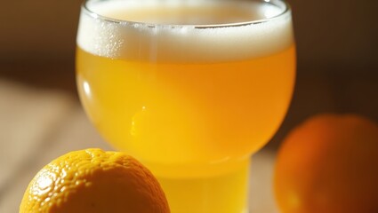 Yuzu Beer. Close-up bright orange citrus fruit with glass of fresh jui
