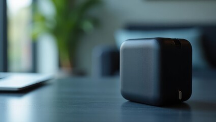Zego. Black portable wireless speaker on wooden table closeup