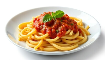 Close-up of a plate of pasta with tomato sauce, isolated on white, isolated, tomato sauce, italian pasta