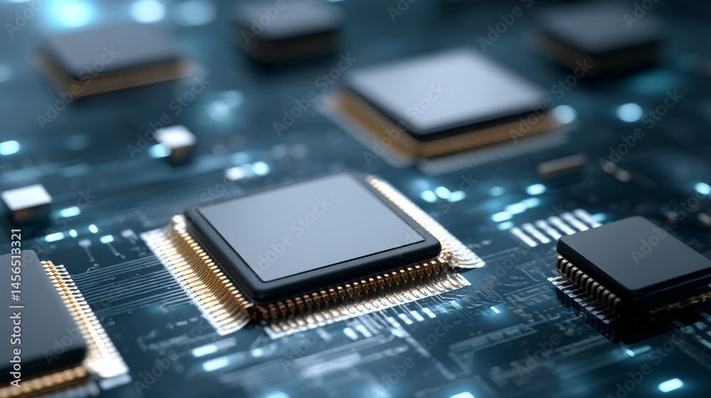 Poster microchip, electronic circuit board, cpu, and computing processor, illustrating advanced technology 