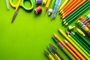 Naklejka premium The concept of back to school is represented by a flat lay of school supplies on a colorful background