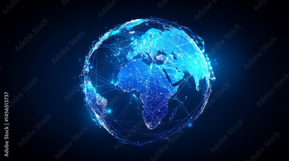 Poster the idea of a global network is visually represented by a 3d rendering of planet earth with a notabl