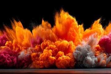 Fototapeta premium A vibrant display of colored dust erupts on a black backdrop, with abstract powder splatters and a frozen moment of colorful powder exploding
