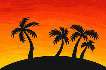 Sunset with Silhouetted Palm Trees – Tropical Landscape Illustration