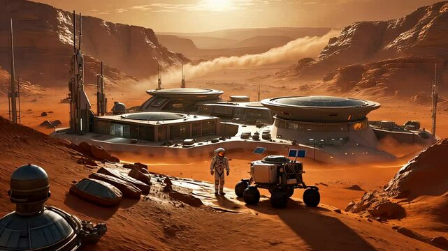 Mars Colony Base with Astronauts and Exploration Vehicles