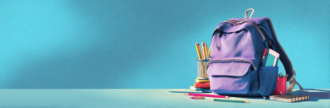 The idea of back to school is exemplified by a full turquoise school backpack and its stationery spread across the table