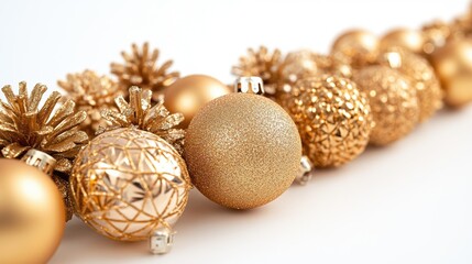 Gold Christmas Ornaments and Pine Cones on White Background