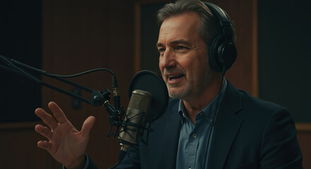 Mature man recording podcast in professional studio with condenser microphone. Gray-haired host, headphones speaking expressively. Business communication, media content creation. Audio broadcasting