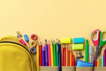 Fototapeta premium Modern elementary education concept featuring school supplies, including stationery, colour pencils, paints, and paper, set against a pastel orange background with ample copy space
