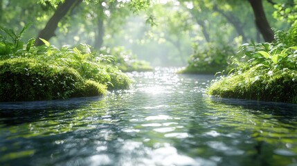 Fototapeta premium Sparkling water flows gently through a sun-dappled forest. Lush greenery