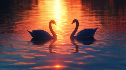 Fototapeta premium Black swans sunset reflection