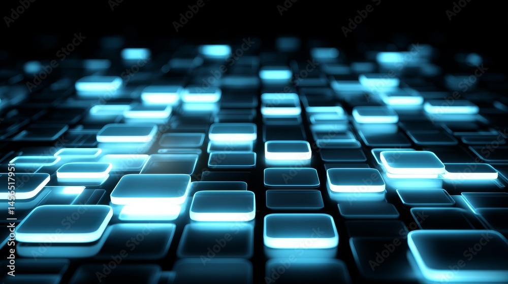 Poster a digital backdrop featuring a matrix, comprised of a blue technology background with numerous parti