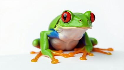 Obraz premium Green tree frog perched on white, vibrant skin, green frog, legs, picture