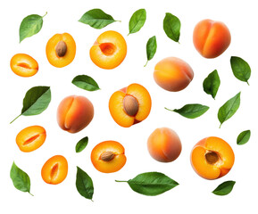 Fresh apricots and green leaves arrangement for healthy snack ideas, cut out