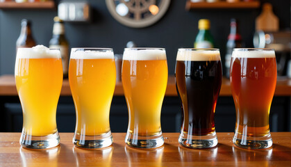 Craft Beer Tasting -  flight of different beers against bar background, showcasing the craft beverage options and highlighting variation in color and foam  