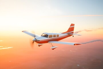 A red and white single-engine airplane soars through a vibrant sunset sky, above land